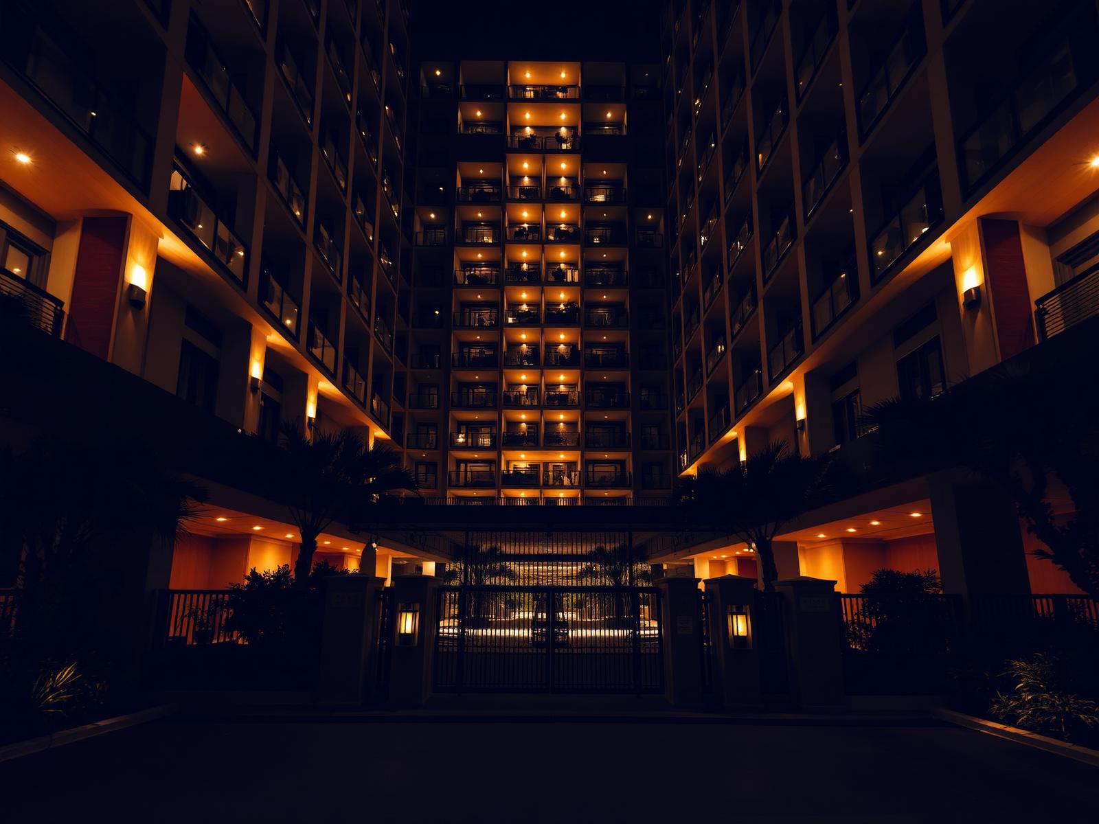 Condomínio residencial protegido à noite